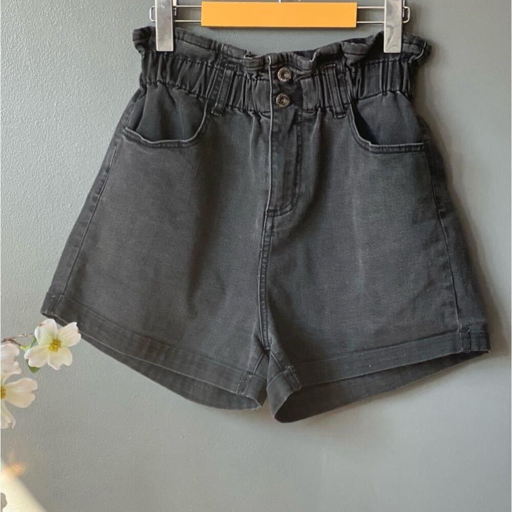 Queen Hearts Denim Paper Bag Shorts (Black/grey, Elastic/ High waisted)
